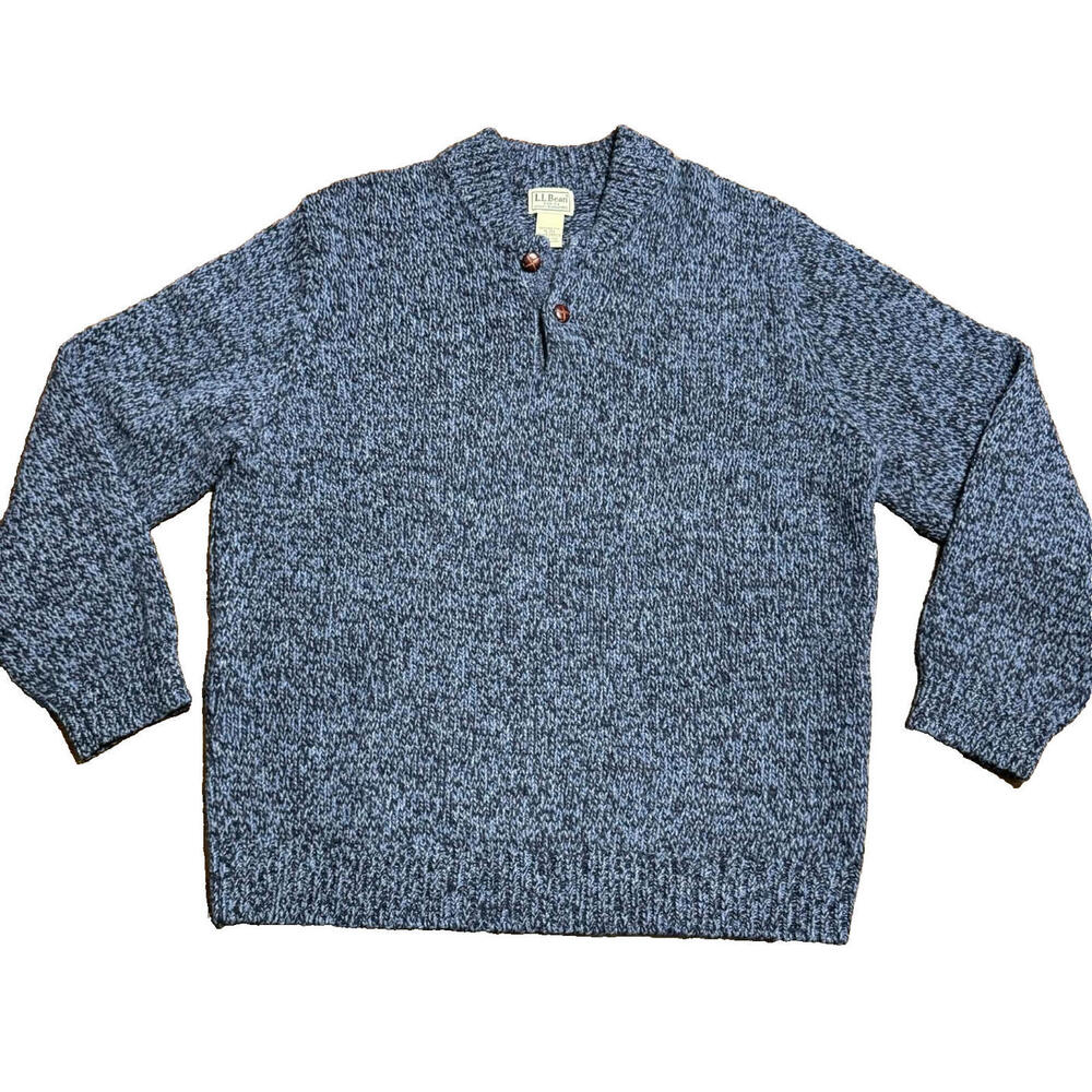 Vintage LL Bean Sweater Men's XL Marled 100% Lamb's Wool Henley Pullover Blue